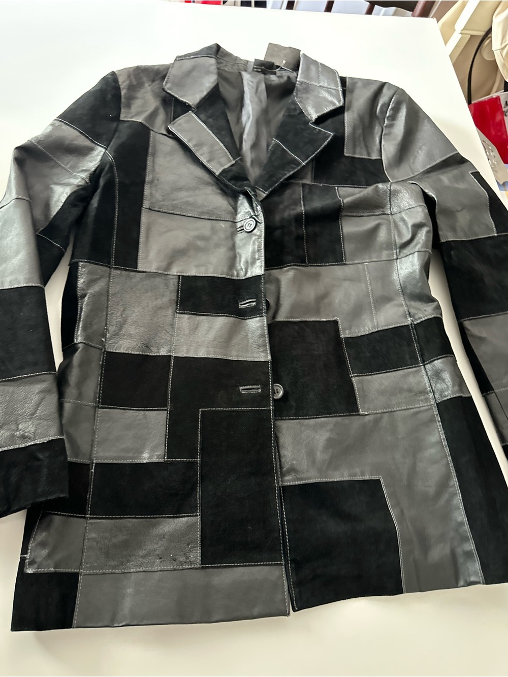 dennis basso Black & Gray Patchwork Leather Blazer